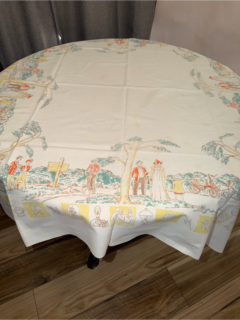 Cream Tablecloth with Teal and Orange Scenic Border